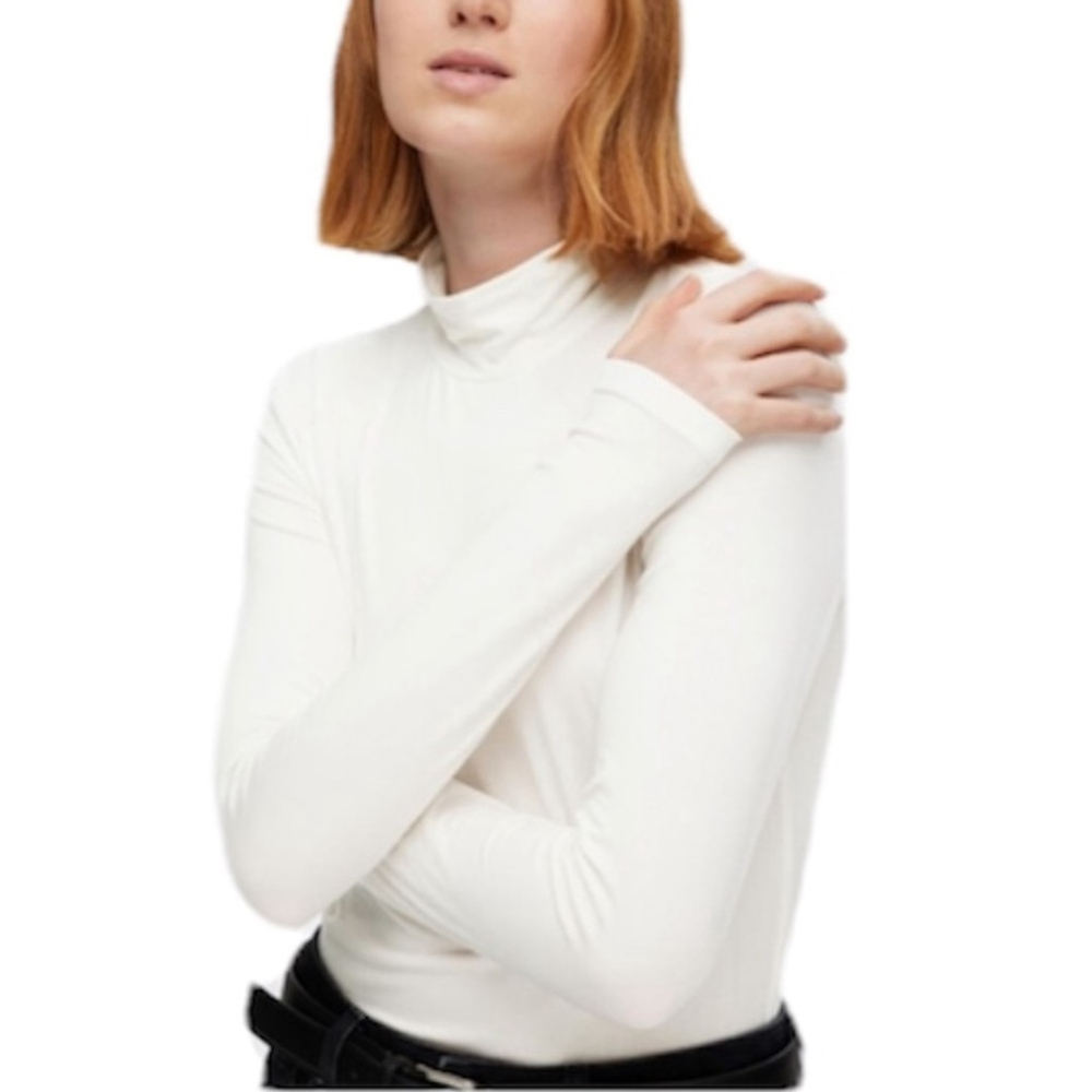Selected Femme Denmark minimalist white cotton sheer mock neck long sleeve top M
